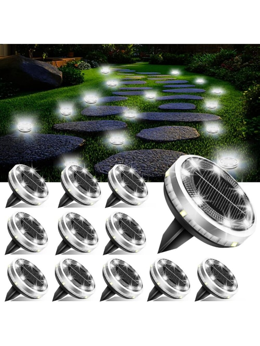 12 Pack Waterproof Solar Ground Lights - Upgraded Flat Disc Lights for Pathway
